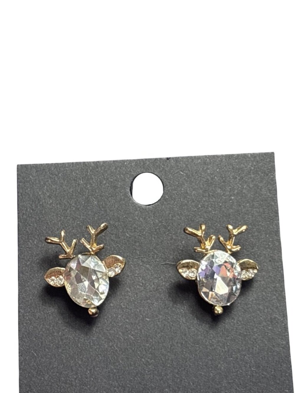 Reindeer Rhinestone Stud Earrings Clear Goldtone .75 inch